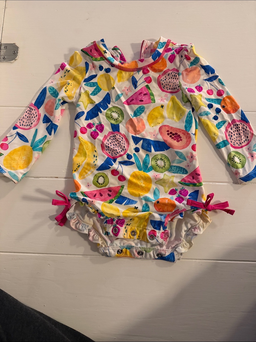 Hatley White Long-Sleeve One-Piece Rashguard with Bright Fruit Print